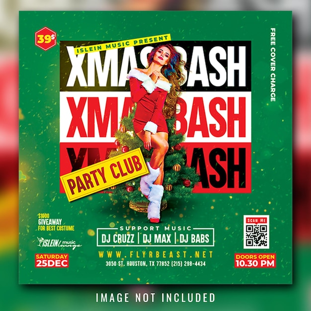 A christmas party club poster for a party with a girl in a dress.