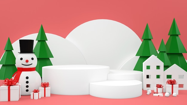 Christmas pastel mockup podium display of giftbox snowman