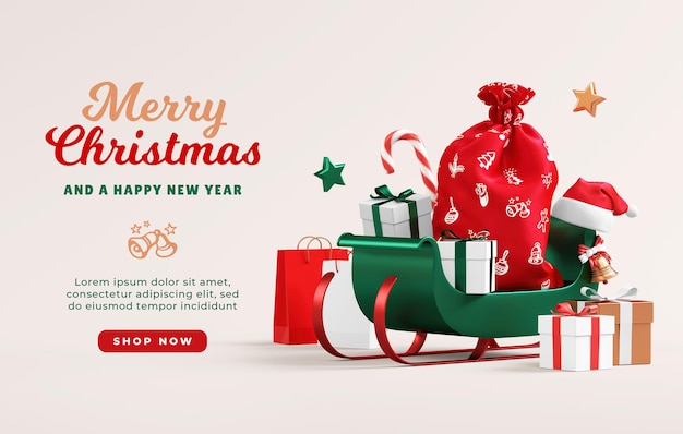 Christmas sale banner template with Santa sleigh and gifts on a neutral background and copy space