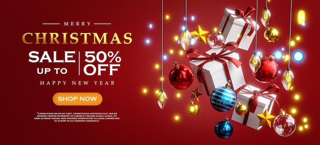 Christmas Sale Template Hanging Flying Box Gift Christmas Ball Red Blue Gold Christmas Lights Bokeh Red Background Banner 3D Render