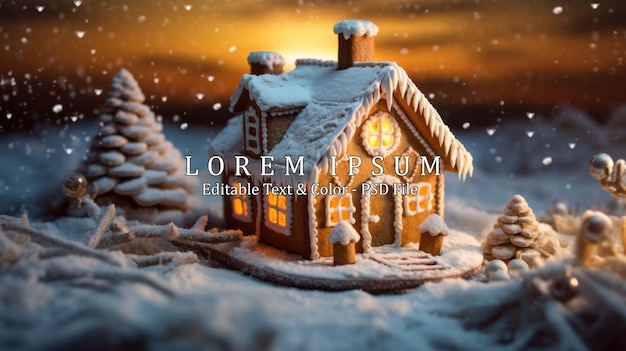 PSD a christmas scene showing a quaint and small gingerbread house illuminated by soft moonlight