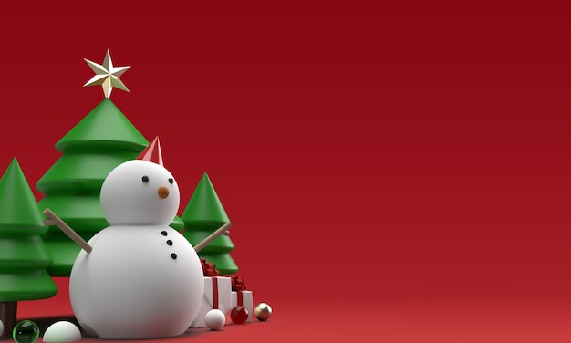 Christmas snowman toys with trees in 3d rendering