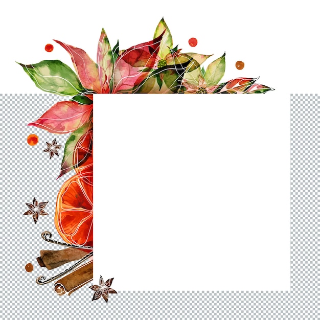 Christmas text space coner frame with watercolor poinsettia and spices