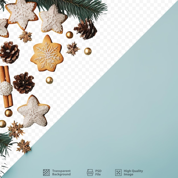 Christmas themed arrangement with evergreen branches pinecones and cookies on a transparent background Festive winter scene Overhead view with space for text