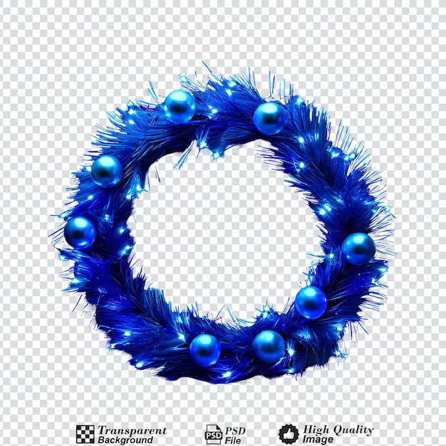 PSD christmas tinsel wreath with blue balls and color lights isolated on transparent background