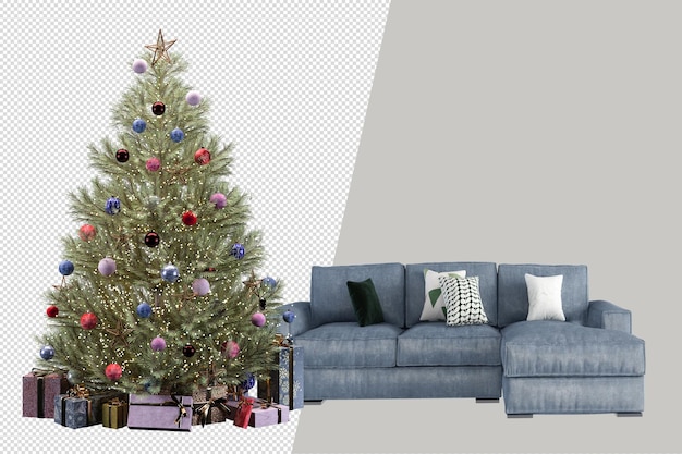 Christmas tree and armchair in 3d rendered