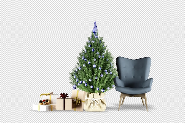 Christmas tree and armchair in 3d rendering