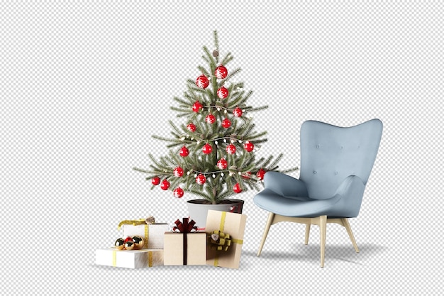 Christmas tree and armchair in 3d rendering