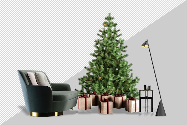 Christmas tree and armchair in 3d rendering