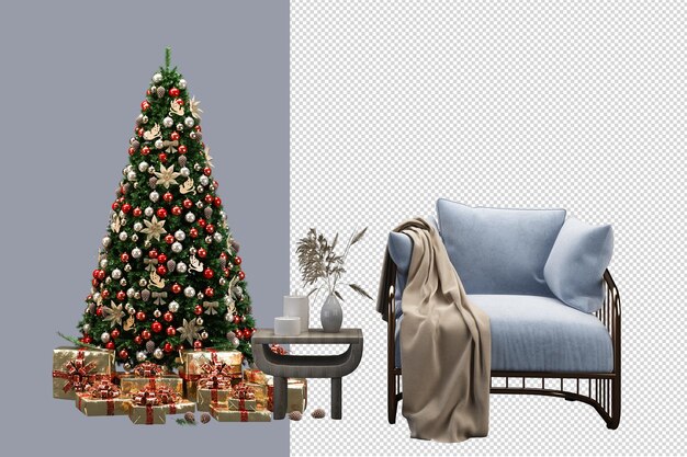 Christmas tree and bear teddy toy sofa in 3d rendering