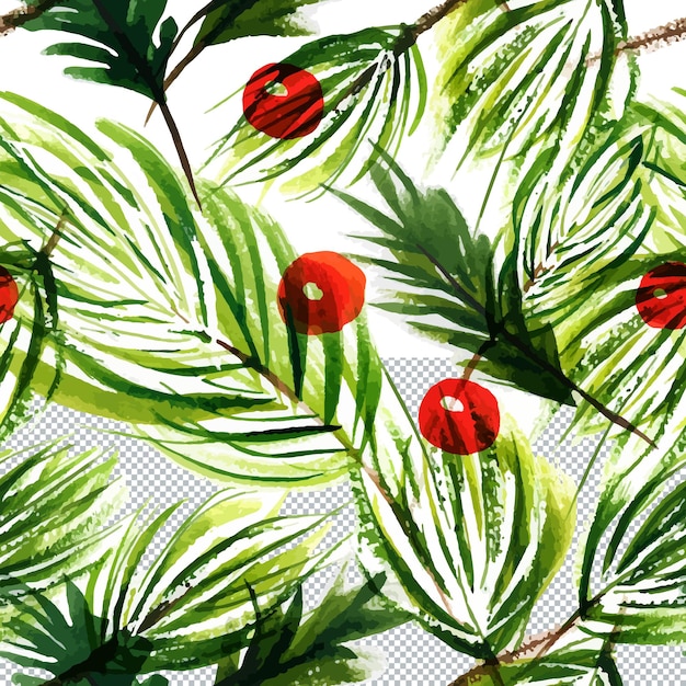 Christmas tree branchts and winter berries Christmas floral watercolor seamless pattern