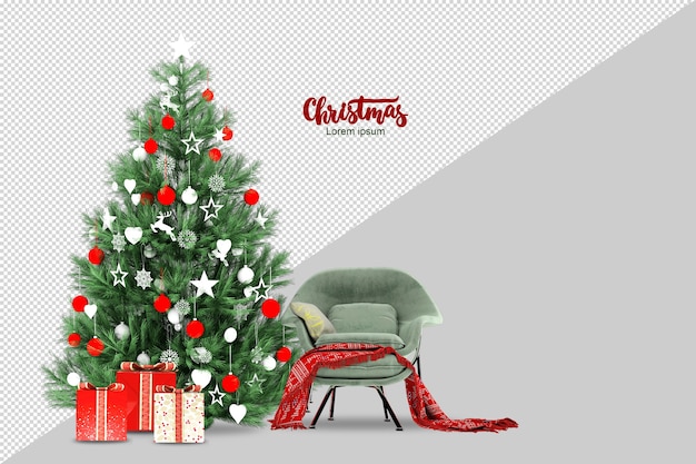 Christmas tree, gifts and armchair in 3d rendered isolated