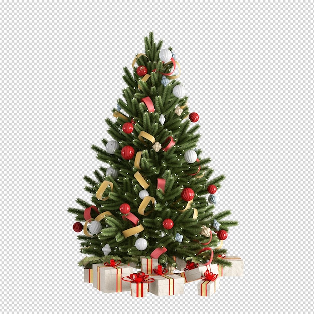 Christmas tree, gifts and armchair in 3d rendered isolated