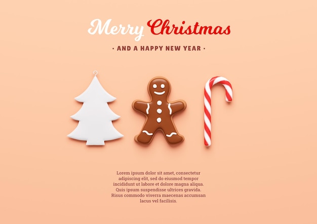 Christmas tree gingerbread man and candy cane on a cream background for Christmas card template