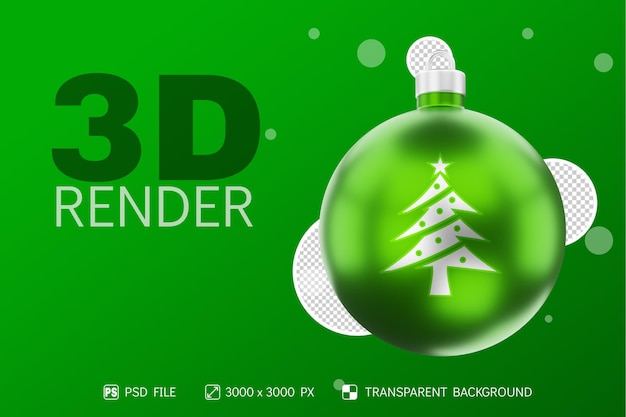 Christmas tree icon on realistic christmas ball 3D Render with metalic green isolated background