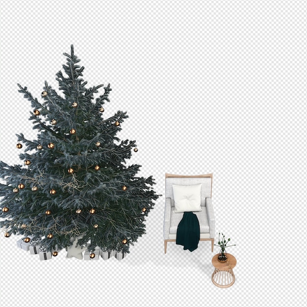 PSD christmas tree and modern armchairs in 3d rendering