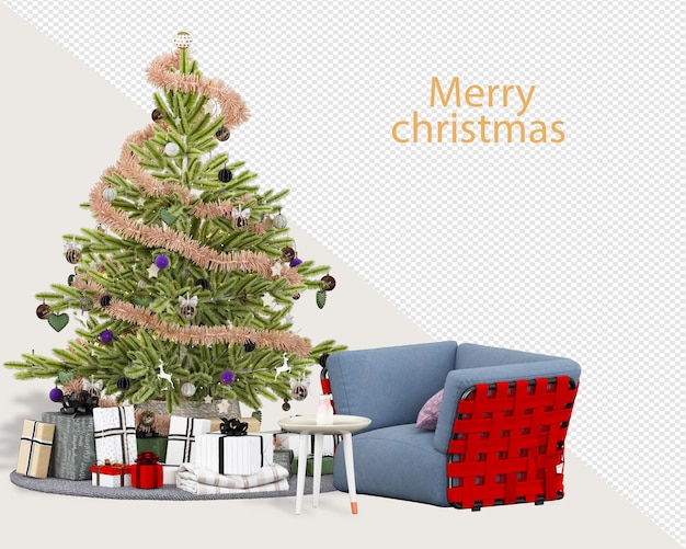 Christmas tree and modern armchairs in 3d rendering