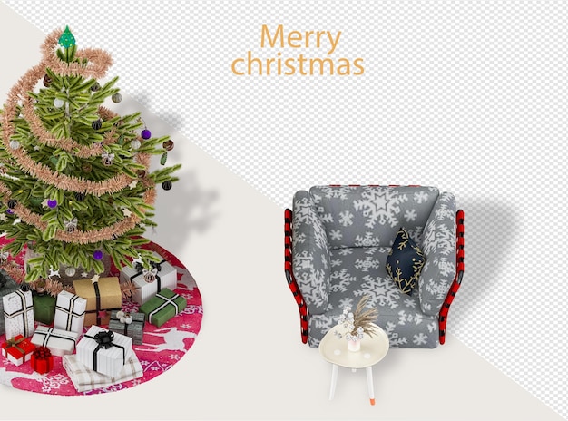 Christmas tree and modern armchairs in 3d rendering