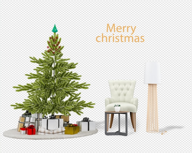 Christmas tree and modern armchairs in 3d rendering