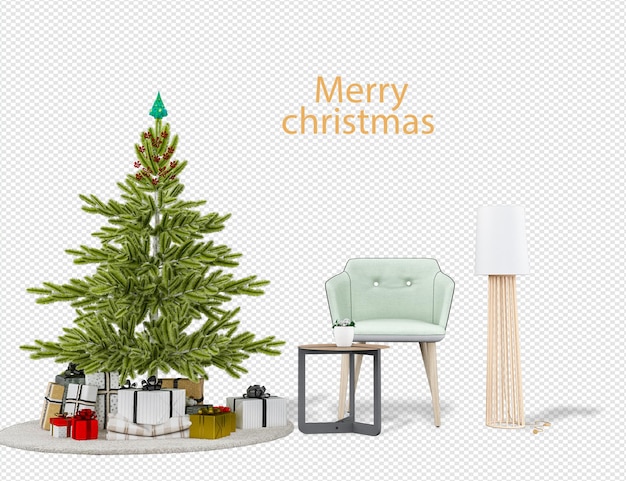 Christmas tree and modern armchairs in 3d rendering