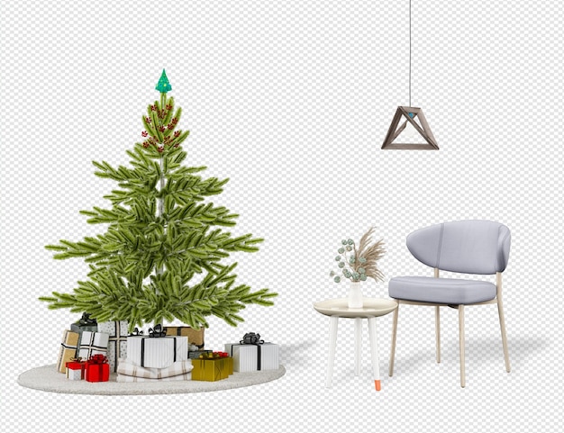 Christmas tree and modern armchairs in 3d rendering