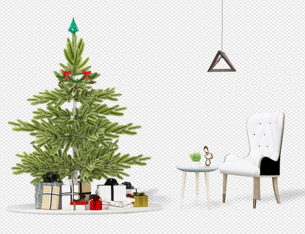 Christmas tree and modern armchairs in 3d rendering