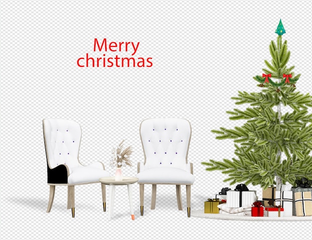 Christmas tree and modern armchairs in 3d rendering