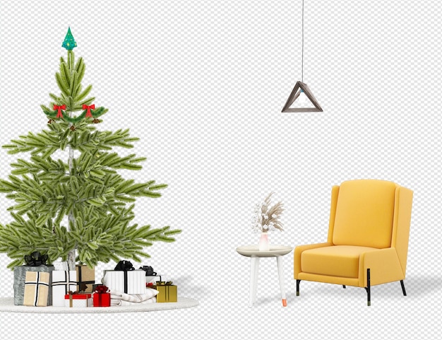 Christmas tree and modern armchairs in 3d rendering