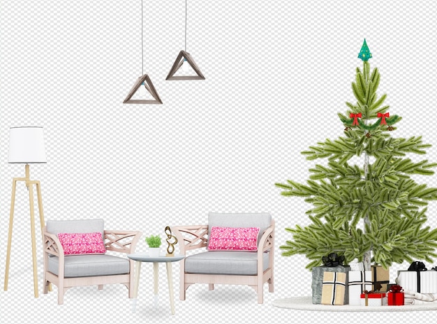 Christmas tree and modern armchairs in 3d rendering