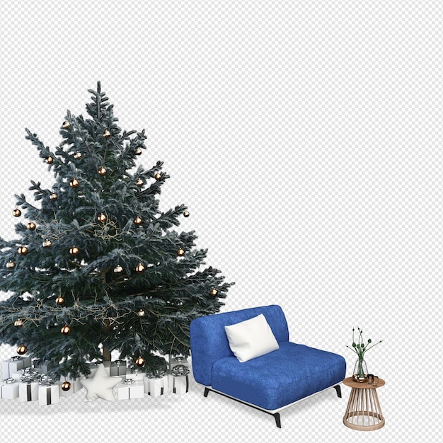 Christmas tree and modern armchairs in 3d rendering