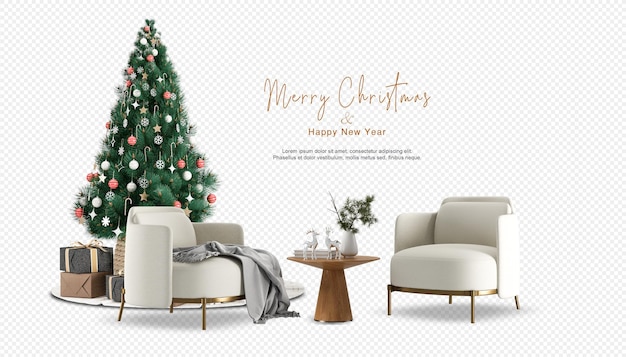 Christmas tree and modern armchairs in 3d rendering