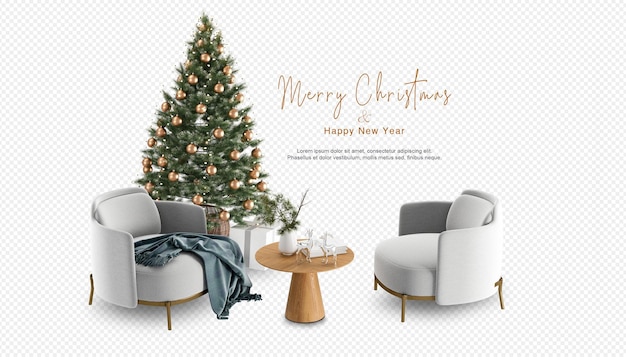 Christmas tree and modern armchairs in 3d rendering