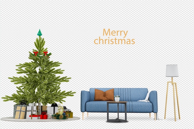 Christmas tree and modern Sofa in 3d rendering