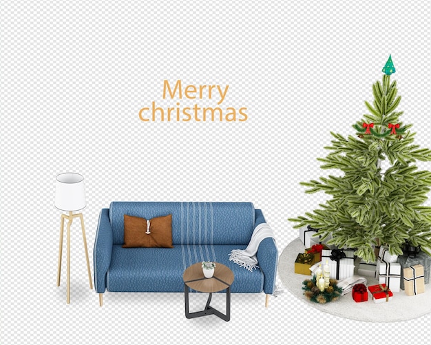 Christmas tree and modern Sofa in 3d rendering