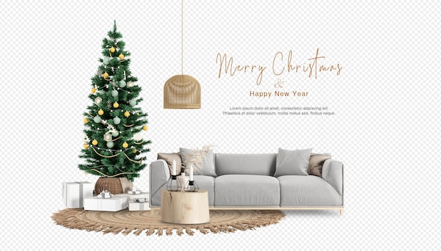 Christmas tree and sofa in 3d rendering