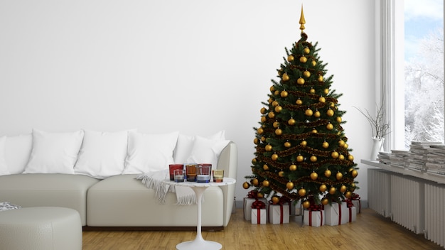 Christmas tree with golden baubles tree indoors