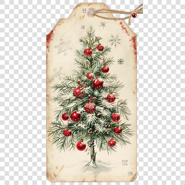 PSD christmas tree with red ornaments and snowflakes tag vintage style printabon transparent background