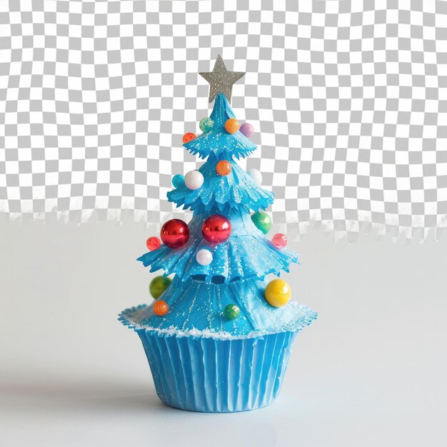 PSD a christmas tree with a star on it sits in front of a cupcake