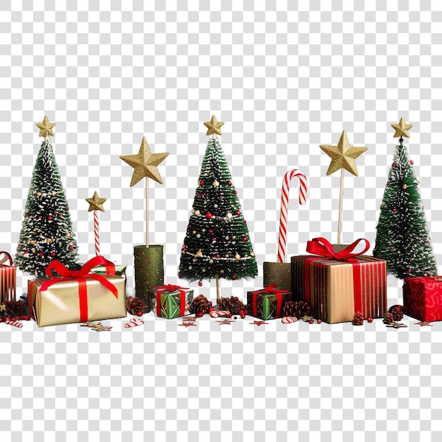 Christmas trees gifts and stars happy new year greeting card backgroundon transparent background