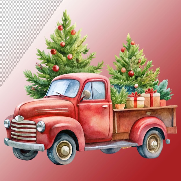 Christmas truck watercolor clipart isolated on transparent background