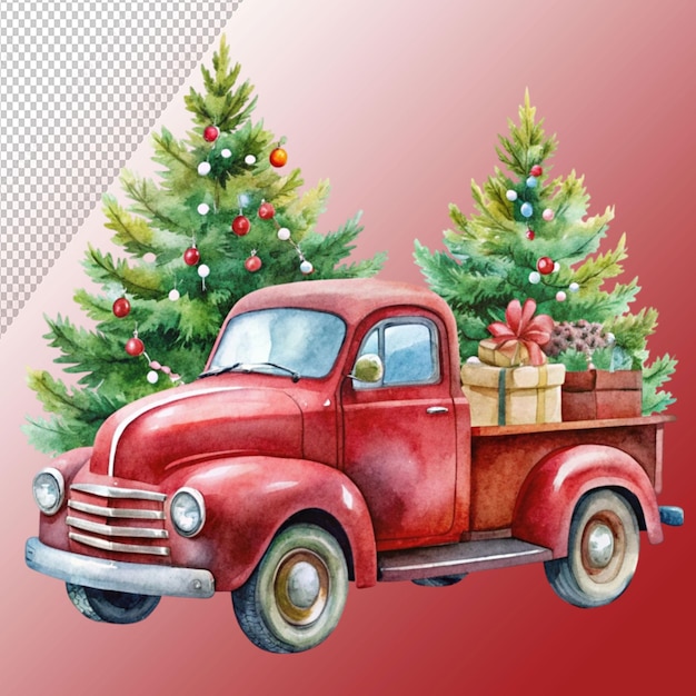 Christmas truck watercolor clipart isolated on transparent background