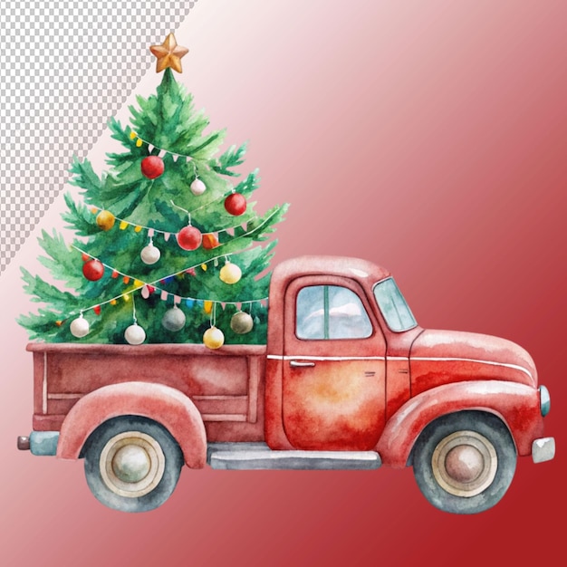 PSD christmas truck watercolor clipart isolated on transparent background