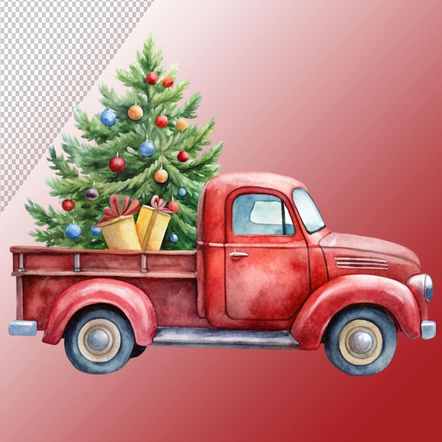 Christmas truck watercolor clipart isolated on transparent background