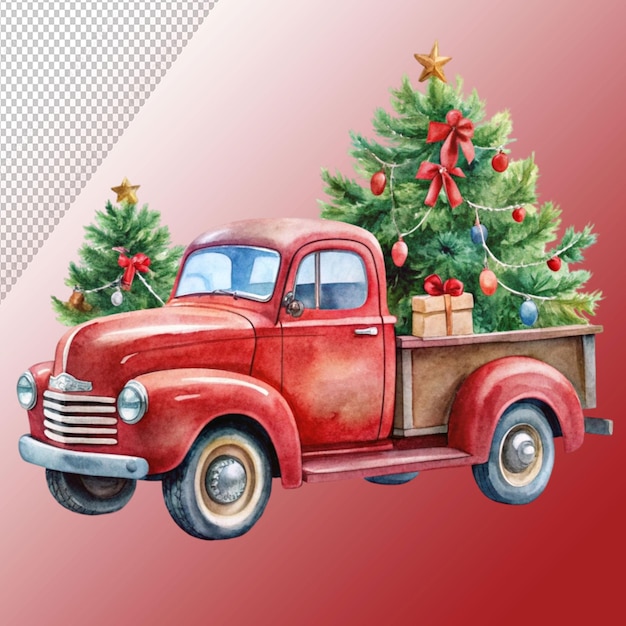 Christmas truck watercolor clipart isolated on transparent background