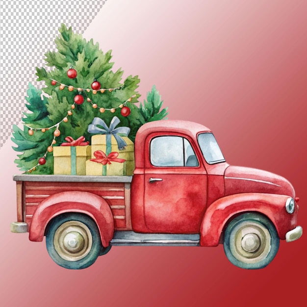 Christmas truck watercolor clipart isolated on transparent background