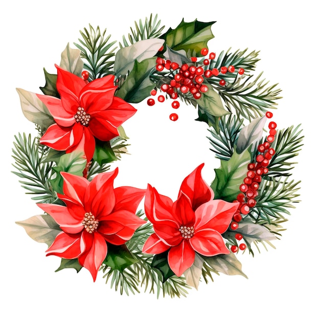 Christmas watercolor illustration of a Christmas wreath