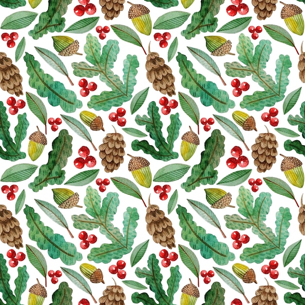 PSD christmas winter watercolor seamless pattern with pine branches cones acorns and red berries