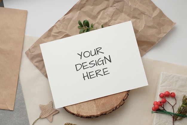 Christmas Zero waste mockup card, eco friendly packaging. Ecological Christmas holiday concept, eco decor.