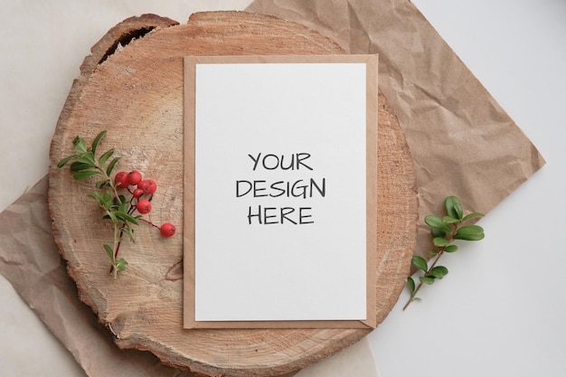 Christmas Zero waste mockup card, eco friendly packaging. Ecological Christmas holiday concept, eco decor.