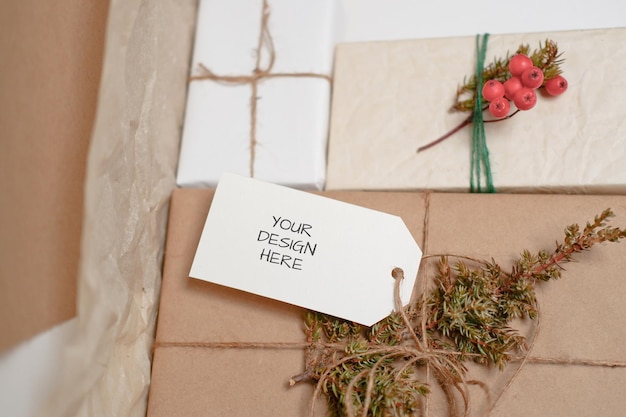 Christmas Zero waste tag mockup, eco friendly packaging. Ecological Christmas holiday concept, eco decor.